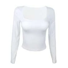 Camiseta de manga larga, Tops ajustados, ropa Sexy para mujer, camiseta ajustada con cuello de corte cuadrado, ropa de calle, otoño 2025, nuevo 2523 - BLANCO - Ver 1