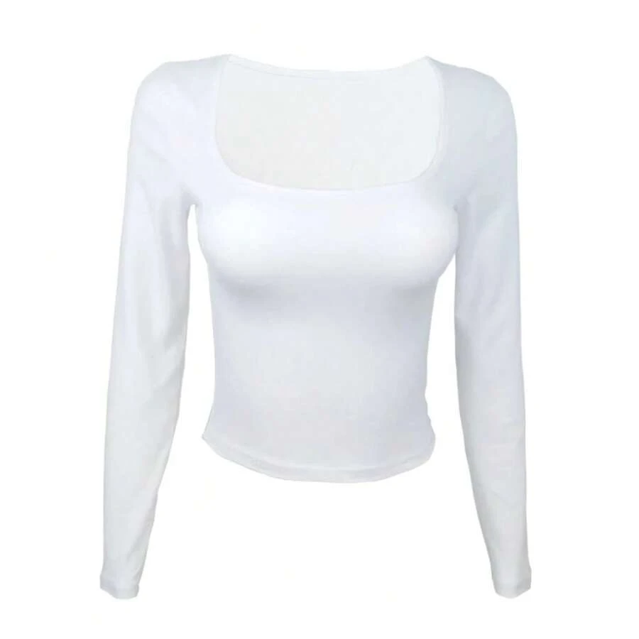 Camiseta de manga larga, Tops ajustados, ropa Sexy para mujer, camiseta ajustada con cuello de corte cuadrado, ropa de calle, otoño 2025, nuevo 2523 - BLANCO - Ver 1