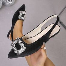 Velvet Rhinestone Square Buckle Pointed Toe Slingback Flat Shoes, French Elegant Low Vamp Flat Ballet Shoes Solid Color Fashion Rhinestone Women's Flat Shoes Wedding Spring Autumn - Black - View 8