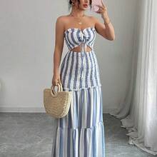 Vestido de tirantes finos con lazo en la cintura, estilo elegante y sexy con rayas, versátil para fechas, salidas, vacaciones, días festivos, vuelta al cole, atuendo de maestro, bodas, fiestas, festivales de música, Oktoberfest, Halloween, Acción de Gracias. Nuevos modelos de verano 2025. . - Azul y blanco - Ver 2