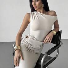 dahkjdgajy  Vestido ajustado con hombro asimétrico y fruncido, elegante, minimalista y sexy para uso al aire libre, vacaciones y festivales de música, color albaricoque - Burdeos - Ver 7