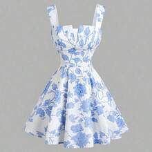 jianchaimaoyi02  MOD Vestido corto elegante de mujer con cintura ceñida y bordado floral, estilo de vacaciones - Albaricoque - Ver 2