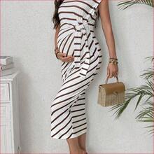 VUUG
  Vestido casual de maternidad de cuello redondo, manga corta y con lazo lateral, a rayas, para verano - Cafetería - Ver 5