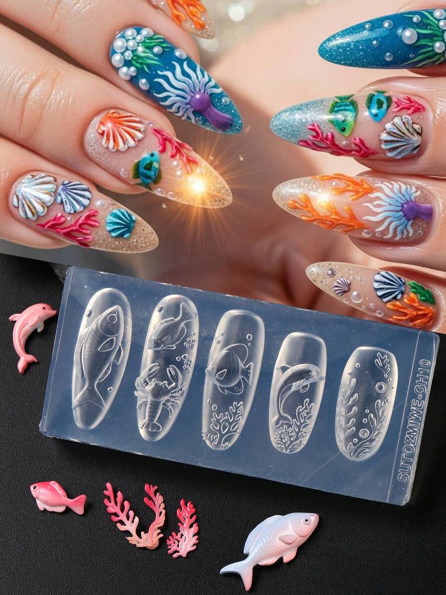 海洋主題 3D 矽膠美甲模具,可重複使用美甲模具模板水下設計 - 魚、龍蝦、海豚、珊瑚 & 海藻,UV/LED 凝膠、壓克力樹脂雕刻模具,夏季海灘美甲,美甲裝飾配件工具 - 無色 - 查看 1