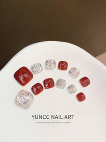 12pcs Handmade Press On Nails, Short Square Red & Iridescent Glitter, Toe/Finger Fake Nails For Women - Multicolor - View 2