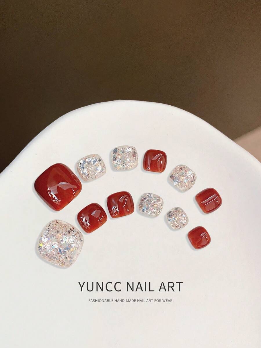 12pcs Handmade Press On Nails, Short Square Red & Iridescent Glitter, Toe/Finger Fake Nails For Women