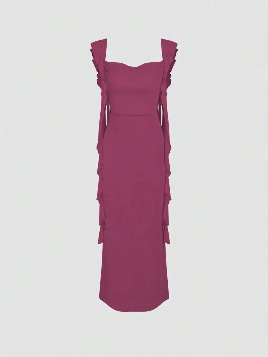 Elegant Slim-Fit Mesh Fishtail Dress With Delicate Ruffle Design For Women Party Evening Wedding Guest Cocktail Dresses - Hot Pink - View 1