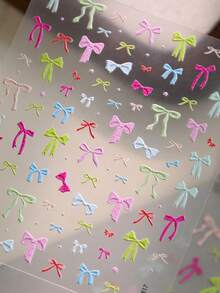 1 Sheet 5D Embossed Colorful Bow Nail Stickers Self-Adhesive Cute Bowknot Nail Art Decals, Pastel Macaron Ribbon Bow Nail Decorations For DIY Manicure Accessories - 彩色 - 查看 6