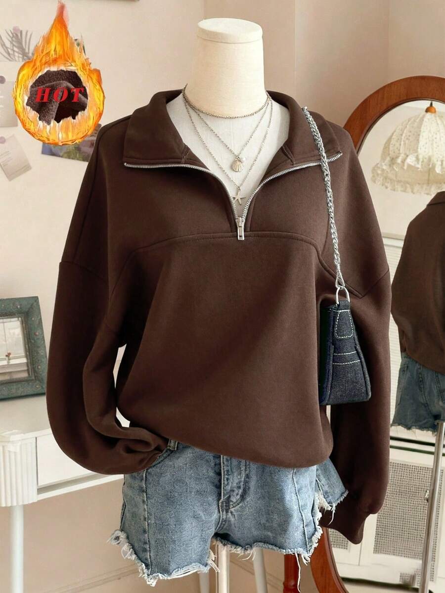 Sudadera holgada con cremallera y abertura lateral para mujer, ideal para graduación, maestros, regreso a la escuela, otoño - Café integral - Ver 1