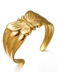 1pc Stainless Steel 3D Butterfly Open Bangle Bracelet, Suitable For Women's Daily Wear - Gold - View 4