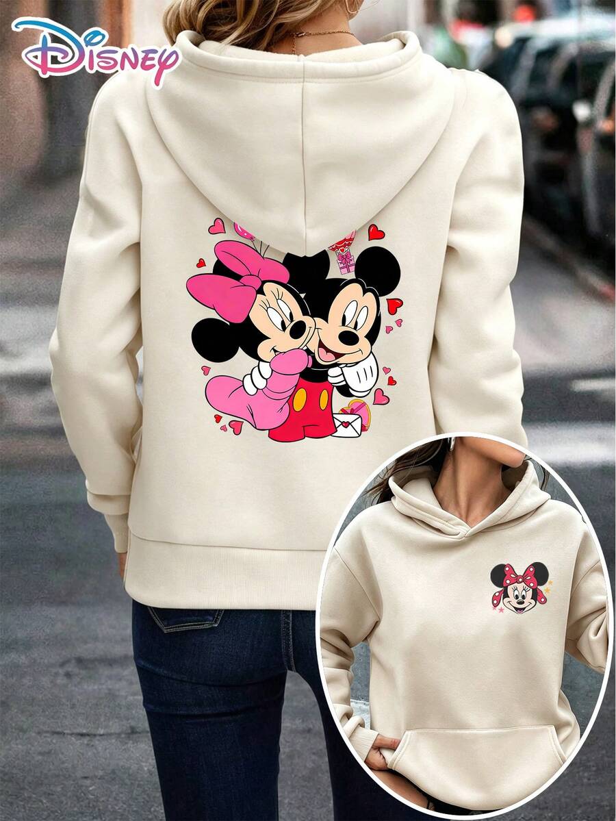 Disney Minnie & Mickey Mouse Couple Love Heart Polka Dot Bow Two-Sided Hoodie Women Casual Daily Wear Long Sleeve Soft Comfortable Girly Romantic Outfit It Is A Gift For Fans And Friends, And It Is Also A Perfect Gift Choice For Lovers And Family. - 杏色 - 查看 1