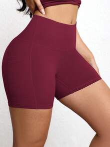 Women's Summer Solid Color Butt-Lifting Pocket Shorts, High Waist Tummy Control, Suitable For Fitness, Yoga, Running, Gym, Tennis Sports - Red - View 4