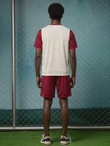 Men's Round Neck Short Sleeve T-Shirt, Letter Print Tank Top, And Drawstring Waist Shorts Casual Daily Outfit Set, Valentine's Day,Spring To Summer,Y2k,Mardi Gras,Vintage,Streetwear,Party,St Patrick's Day,Going Out,Street Style Three-Piece Set: Vest With Raglan Sleeves, Loose Cropped T-Shirt, And Shorts. - Red - View 2