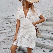 Beach Dress With Wave Design And Cutouts, Deep V-Neck, Elastic Waist, Beach Sarong. - 白色 - 查看 2