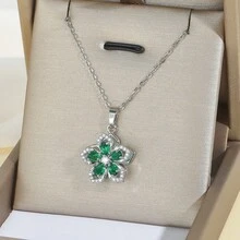 18K Gold Plated Green And Multicolor Cubic Zirconia Pendant Necklace Set, Women's Gold Plated Heart And Flower Shaped Sparkling Necklace, Elegant Everyday And Party Jewelry - Silver - View 4