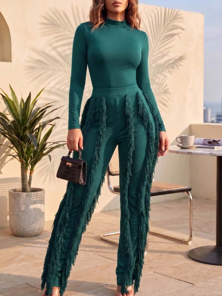 CALEBGAR Women's Sexy Two Piece Outfits Long Sleeve Fringe Pants Set Clubwear Going Out Birthday Party Night Outfits - 綠色 - 查看 1