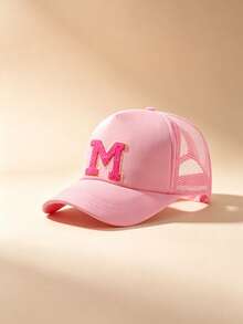 1pc Kids 3-15 Years Adjustable Mesh Trucker Hat, 26 Letters Breathable Baseball Cap, Sun Protection For Sports And Daily Wear - Pink - View 4