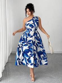 Vestido elegante de mujer de talla grande con estampado floral azul y blanco, elegante y chic para fiestas, graduaciones, vacaciones, festivales, citas, bodas y salidas - Blanco - Ver 1