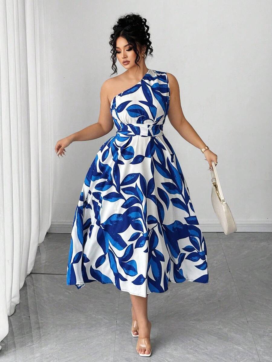 Vestido elegante de mujer de talla grande con estampado floral azul y blanco, elegante y chic para fiestas, graduaciones, vacaciones, festivales, citas, bodas y salidas - Blanco - Ver 1