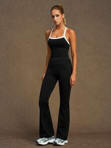 VVX Women's Color Block 2 Pieces Workout Set, Halter Neck Backless Crop Tank Top High Waist Butt Lifting Yoga Flare Lessing - Black - View 3