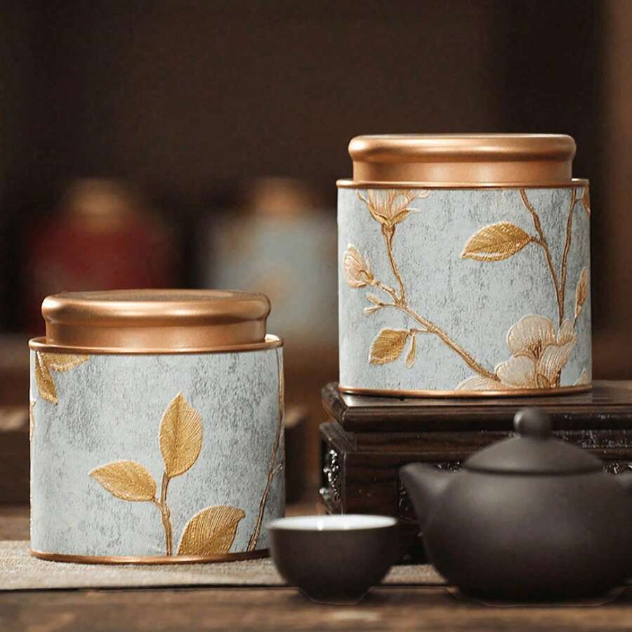1pc Kitchen And Storage Room Container For Storing Tea, Coffee Beans, Sugar And Nuts. Metal Tea Canister With Good Sealing Properties. Its Bottom And Lid Are Both Coated With Porcelain Glaze. Suitable For Holiday Gifts And Daily Use