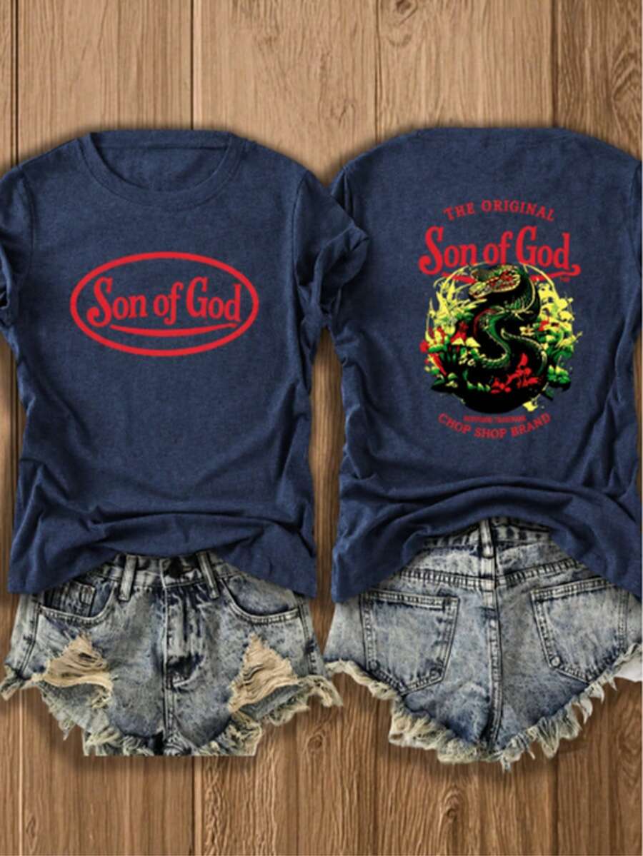 Casual Women's Regular Sleeve Cotton T-Shirt With Round Neck And Son Of God Print, Comfortable Short Sleeve Top - 藏蓝色 - 查看 1