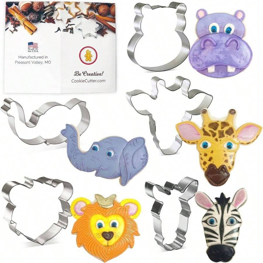 - Cortadores de galletas de 5 piezas con caras de animales de la selva, elefante, jirafa, hipoptamo, len, cebra, Estados Unidos - inicial - Ver 1