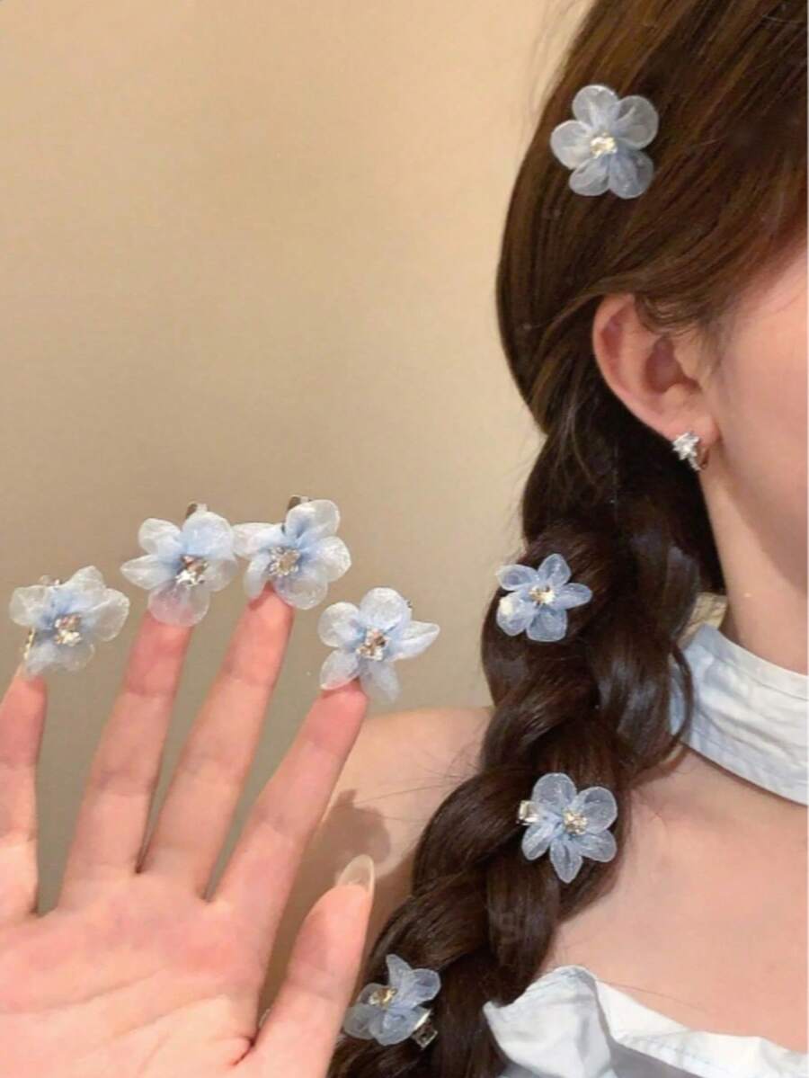 6pcs Women's Blue Mesh Floral Hair Clips, Cute Elegant Bangs Clips, Versatile Side Hair Clips For Girls, Gentle Fairy Style Exquisite High-End Cherry Blossom Hair Pins, Suitable For Daily Wear - Blue - View 1