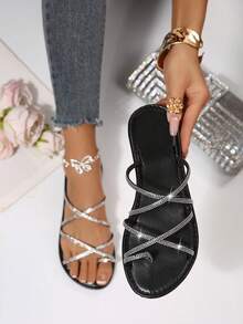 Sandal bệt nữ đính đá, dây buộc chéo, xỏ ngón, kiểu tiên nữ, một quai, đi biển ngoài trời, mẫu mới mùa hè - màu đen - Xem 1