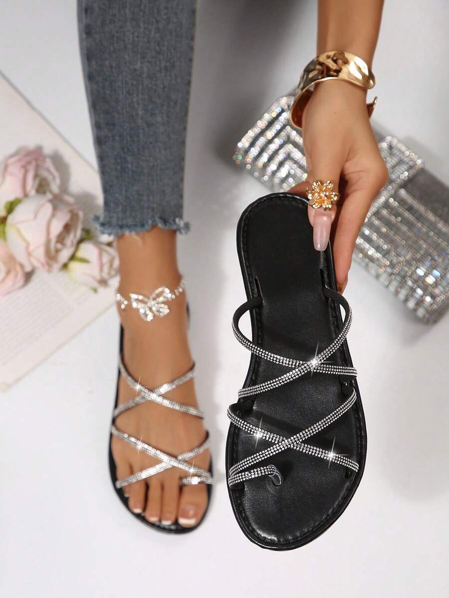 Sandal bệt nữ đính đá, dây buộc chéo, xỏ ngón, kiểu tiên nữ, một quai, đi biển ngoài trời, mẫu mới mùa hè - màu đen - Xem 1