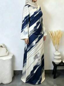 Women's Long Knitted Arabic Style Dress, Round Neck Abstract Pattern, Flared Long Sleeves, Abaya Style - Navy Blue - View 2