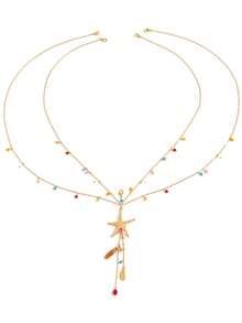 1pc Fashionable Elegant Sexy Thin Chain Colorful Rhinestone Starfish Pendant Bikini Body Chain, Simple Personalized Versatile Starfish Multi-Pendant Thin Chain Tassel Chest Chain Suitable For Women's Daily And Vacation Wear (Colorful Rhinestone Color, Quantity, And Position Are Random) - Gold - View 4