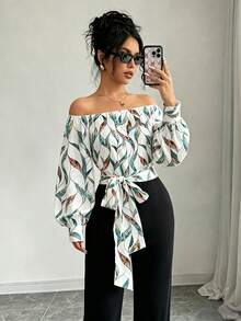 Elegant Women's Off-Shoulder Blouse With Polka Dots And Front Bow - Puff Sleeves, Round Neck, White, Machine Washable, Ideal For Casual Or Semi-Formal Wear In All Seasons - 青綠色 - 查看 3