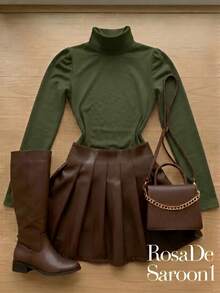Set Of 2: One Long-Sleeved Bodysuit In Supplex Fabric + Brown Faux Leather Skirt. São João Fashion Blogger 2026 - 軍綠色 - 查看 1