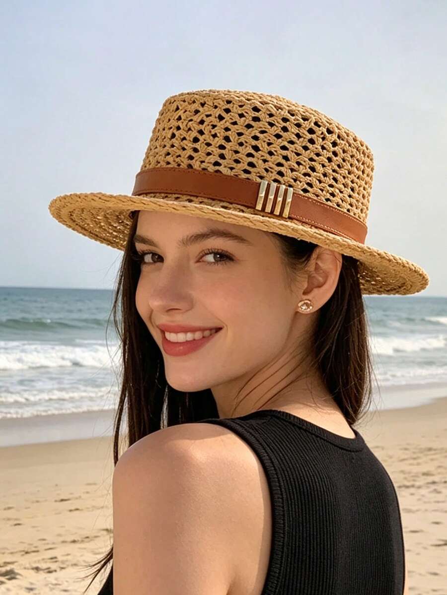 1pc New Versatile Hollow-Out Flat Top Sun Hat For Women, Fashionable, Comfortable, Elegant, Suitable For Outdoor Travel, Vacation, Gathering, Shopping, Daily Wear - Multicolor - View 1