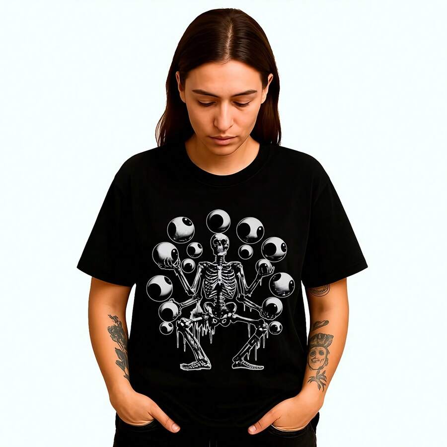 Skeleton Eyeballs T-Shirt Surreal Gothic Horror Tee Goth Ste Gift - 黑色 - 查看 1