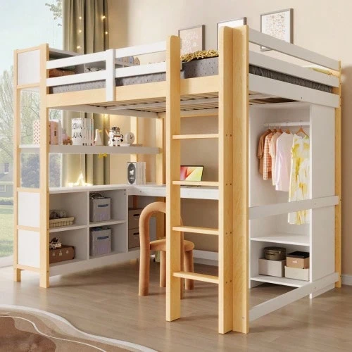 Loft Bed, 140x200 Cm, Shelves, Multiple Storage Compartments, Desk, Wardrobe, Without Mattress, Natural - Natural - View 1