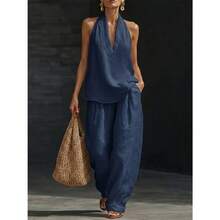 Women's Halter V-Neck Sleeveless 2-Piece Set, Solid Wide Leg Pants, Casual Lounge Co-Ord Outfit For Summer Vacation - 淺綠色 - 查看 5