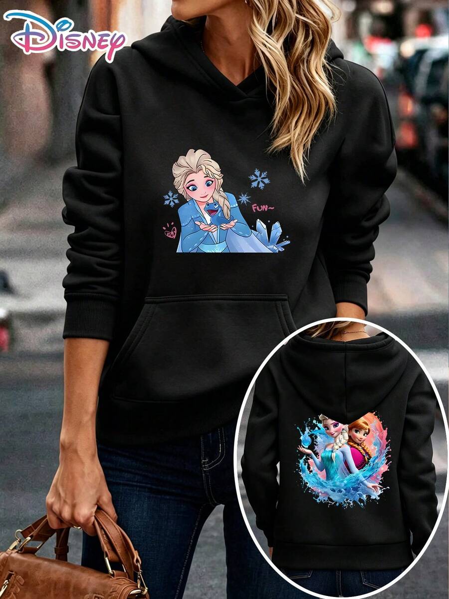 Disney Frozen Elsa & Anna Sisters Watercolor Two-Sided Hoodie Women Casual Daily Wear Long Sleeve Soft Comfortable Girly Nostalgic Outfit It Is A Gift For Fans And Friends, And It Is Also A Perfect Gift Choice For Lovers And Family. - Black - View 1
