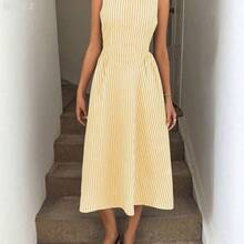 xuehuamaoyi02  X GALILEA  LUNE Vestido midi entallado en la cintura con pliegues, de cuello redondo y sin mangas, de tela de algodón a rayas, casual, elegante para el resort y uso diario para mujeres - Azul y blanco - Ver 4