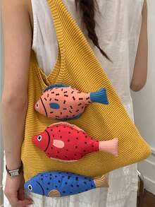 1pc White Tote Bag With 3D Fish Decoration, Large Capacity Casual Shoulder Handbag, Reusable Multi-Purpose Storage Bag, Cute Beach Tote For Summer Vacation, Daily Use, Shopping, Work, School & Travel, Lightweight & Durable Knit Shoulder Bag, Perfect Birthday/Holiday Gift For Her.,Back To School - Multicolor - View 5