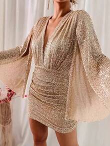 Vestido de lentejuelas con cuello en V, estilo europeo y americano, novedad de otoño 2026, vestido corto ajustado irregular, vestido de fiesta. - Albaricoque - Ver 2