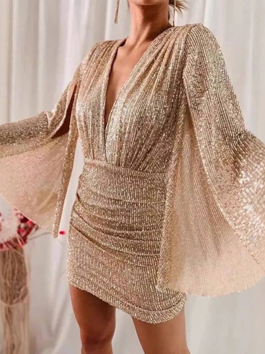 Vestido de lentejuelas con cuello en V, estilo europeo y americano, novedad de otoño 2026, vestido corto ajustado irregular, vestido de fiesta.