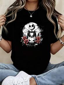 Disney Women Casual T Shirt  Black Jack Skellington And Roses Print For Halloween Party And Daily Wear - 黑色 - 查看 2