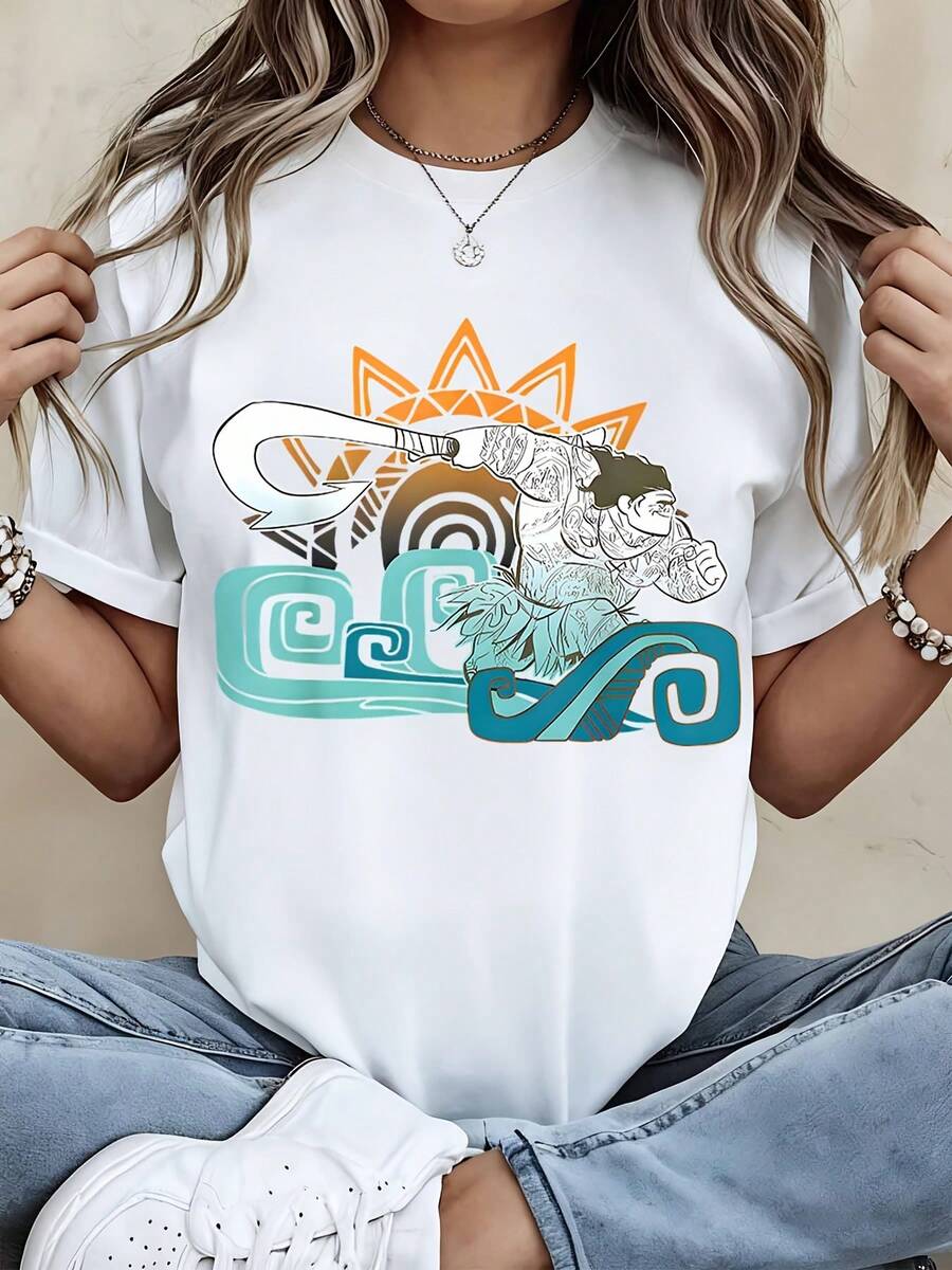 Disney Women Casual Short Sleeve T Shirt Black Moana And The Ocean Wave Design For Summer Outing - White - View 1