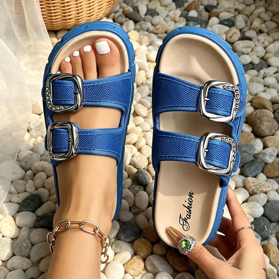 Fashio Mesh Sandals With Buckles. Double-Strap Open-Toe Design Plus Non-Slip Platform Sole. All-Day Comfort For Daily Wear, Beach And Hawaii Getaways - 藍色 - 查看 1