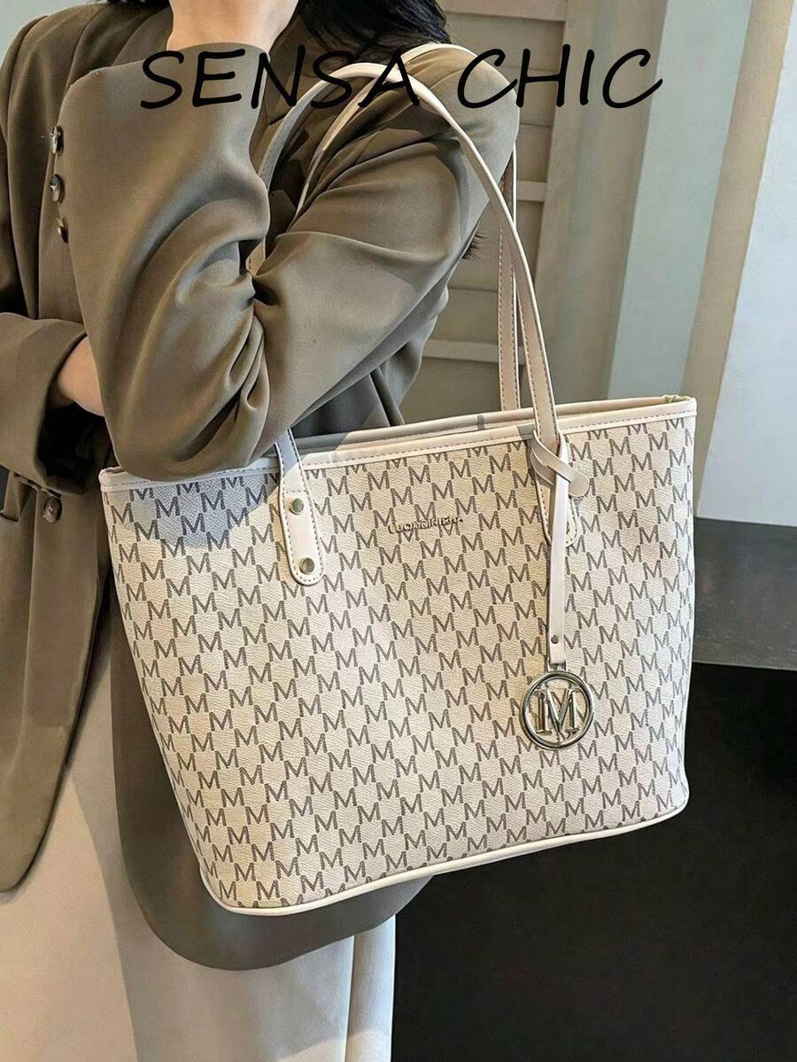 2023 New Fashion Women Large Capacity All-Over Allover Print Letter Pattern Decor Dual Handle Tote Bag, Suitable For Work And Commute - Beige - View 1