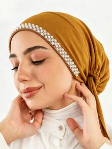 1PC Women's Fashion Solid Color Rhinestone Muslim Tie-Up Hat, Versatile Scarf Headwrap Undercap, Suitable For Daily Wear - 119-yellow Earth - View 4