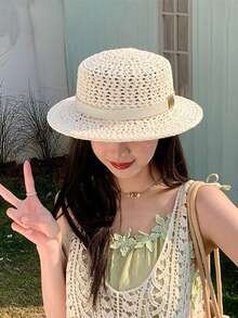 1pc New Versatile Hollow-Out Flat Top Sun Hat For Women, Fashionable, Comfortable, Elegant, Suitable For Outdoor Travel, Vacation, Gathering, Shopping, Daily Wear - Multicolor - View 7