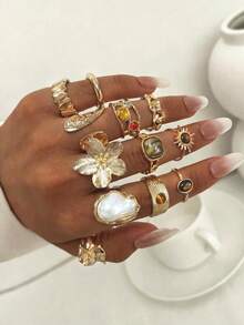 12件裝優雅時尚花卉人造珍珠女款戒指，適合日常穿戴、度假、約會、派對、疊戴 - 金色 - 查看 2